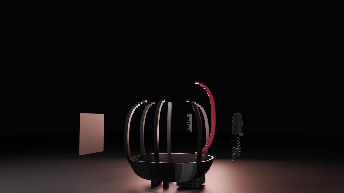 The machine part-built in a dark studio: a shallow bowl base with curved ribs rising from it, one of them deep red, and flat components waiting in the air alongside.