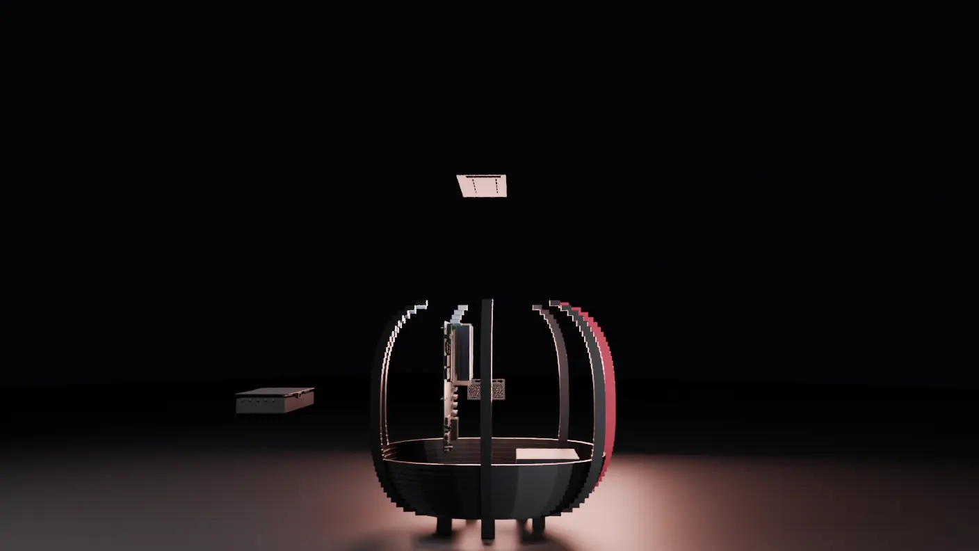 The part-built machine with a card standing upright inside its rib cage, a flat panel suspended above it and another component resting on the floor nearby.
