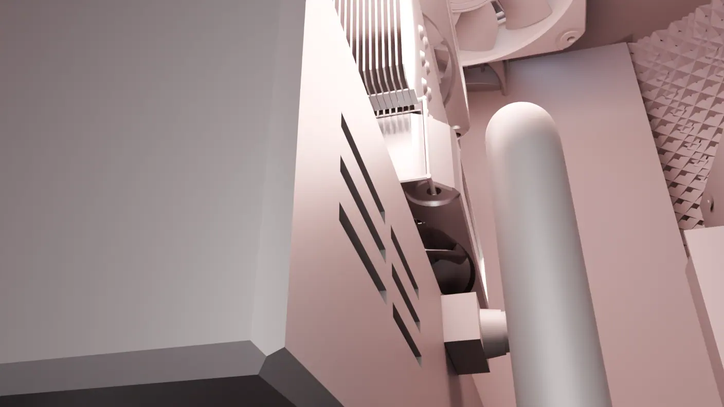 Inside the machine, lit pink-white. A smooth pale panel fills the left half; at the centre a fan and a standoff; at the right the inner face of the lattice wall, a field of small pyramids with diamond openings between them.
