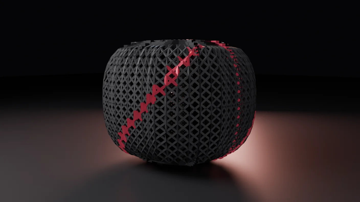 The machine: a softly rounded body, soft-edged throughout, its entire shell a fine woven lattice of dark struts over a second finer layer behind it, with one continuous deep-red garnet path winding up and around it.